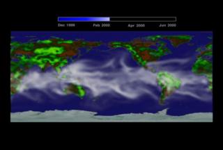A flat image of the Earth shows waifs of water vapor hovering over the equitorial region